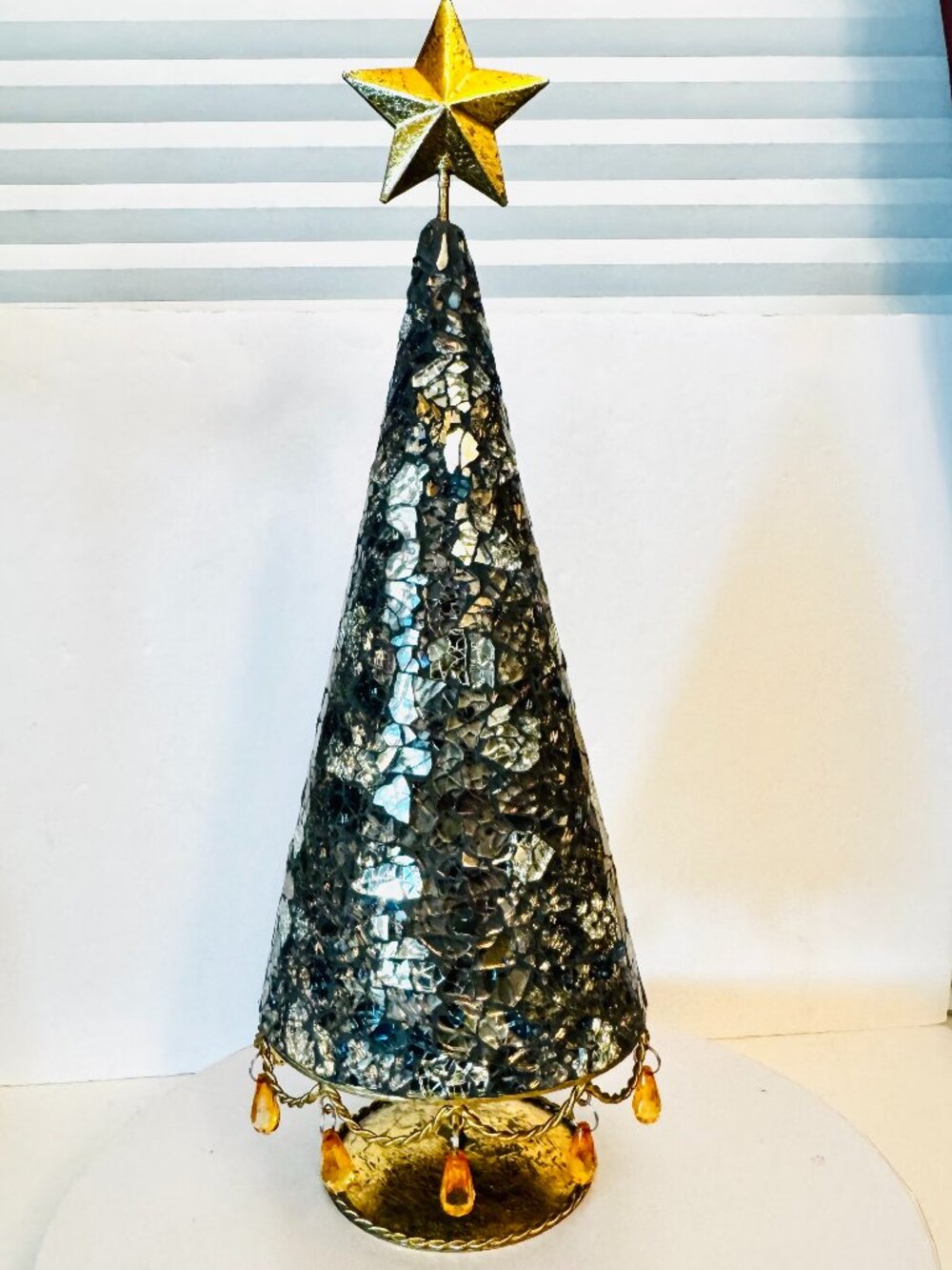 Pier 1 Tabletop Christmas 18" Tree Golden Start Glass Mosaic Art Blue Golden Si